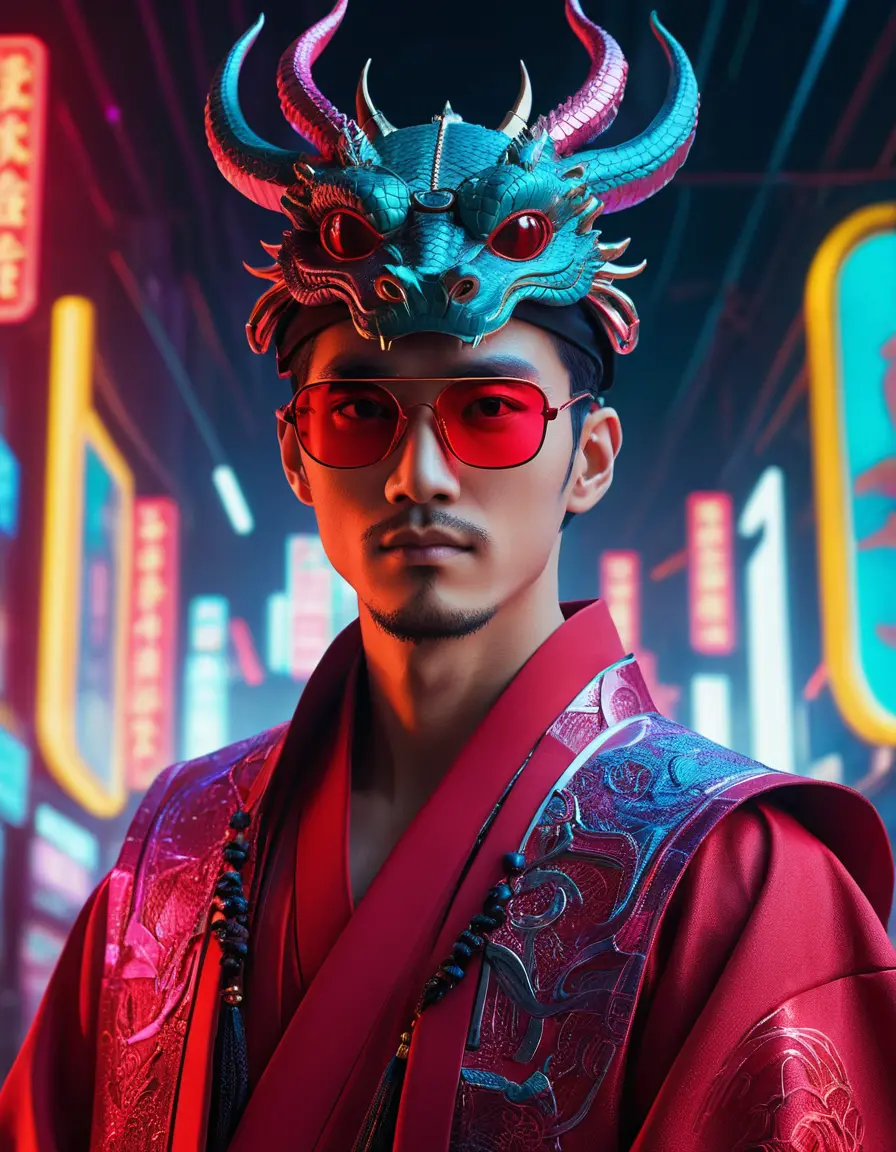 Bell'uomo in hanfu rosso con città al neon cyberpunk