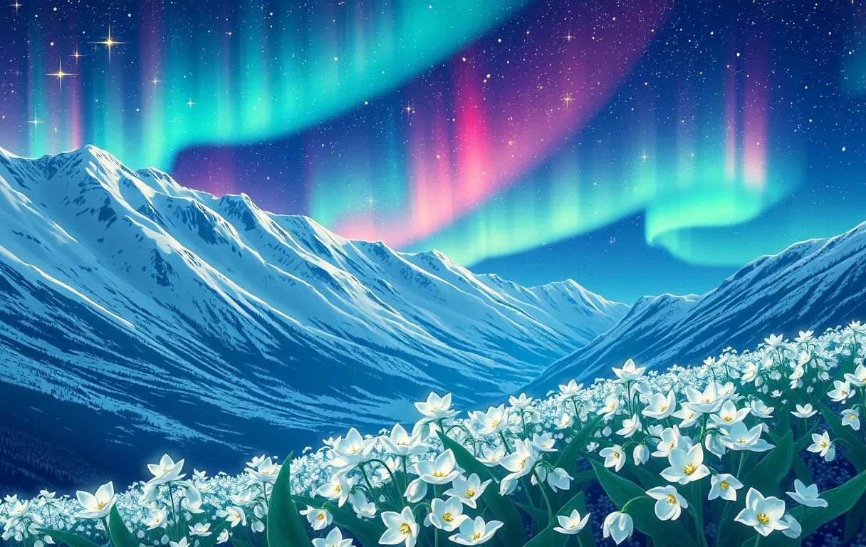 オーロラに照らされた山々の下に咲くスズランの花