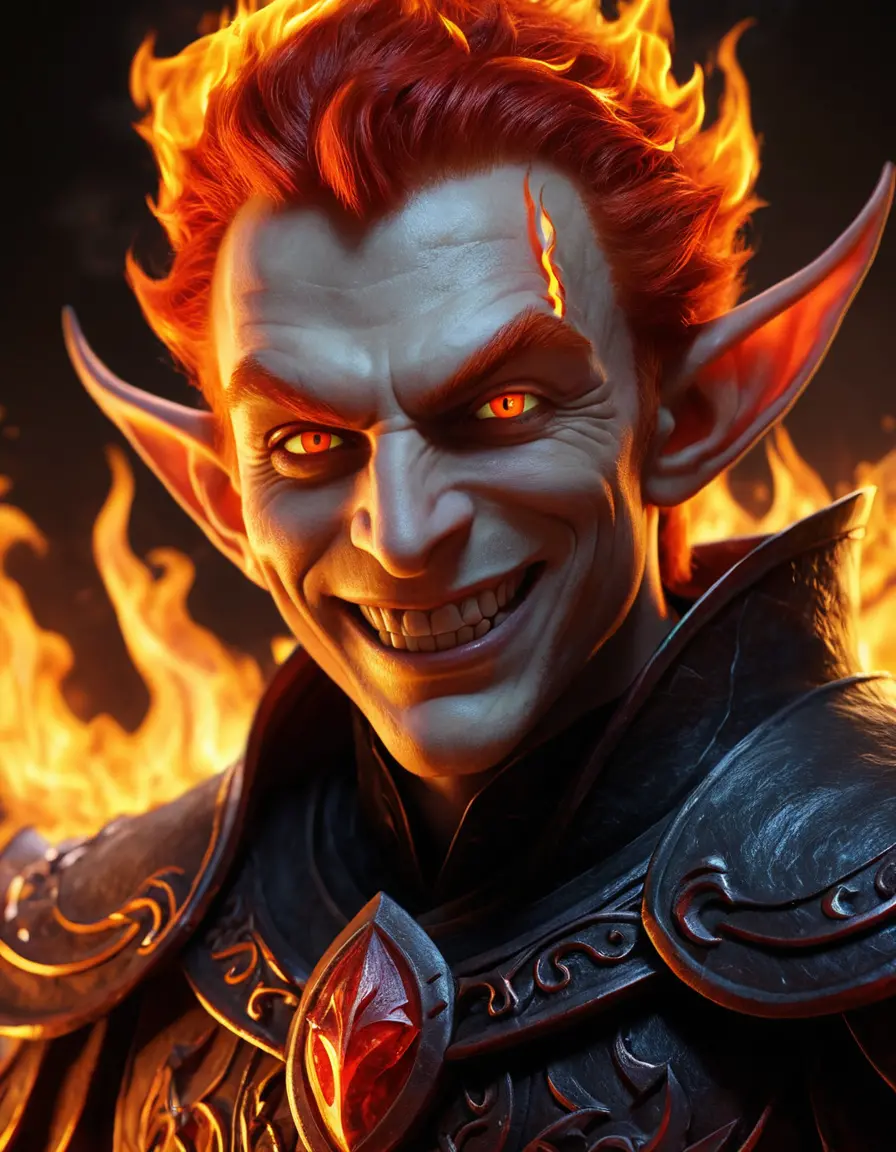 Elfo de fogo sorridente com olhos de brasa brilhante e cabelo em chamas