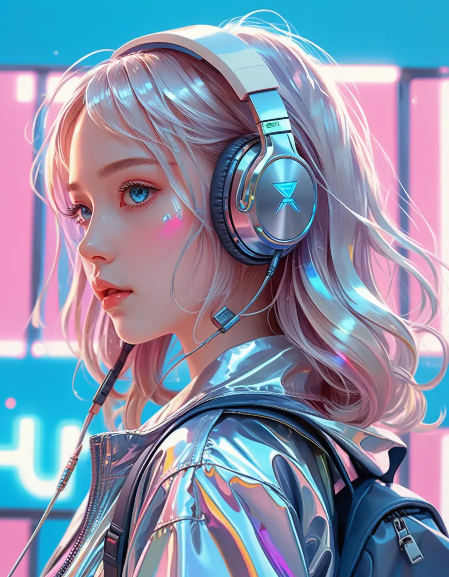 Fille d’anime en mode cyberpunk Harajuku avec écouteurs
