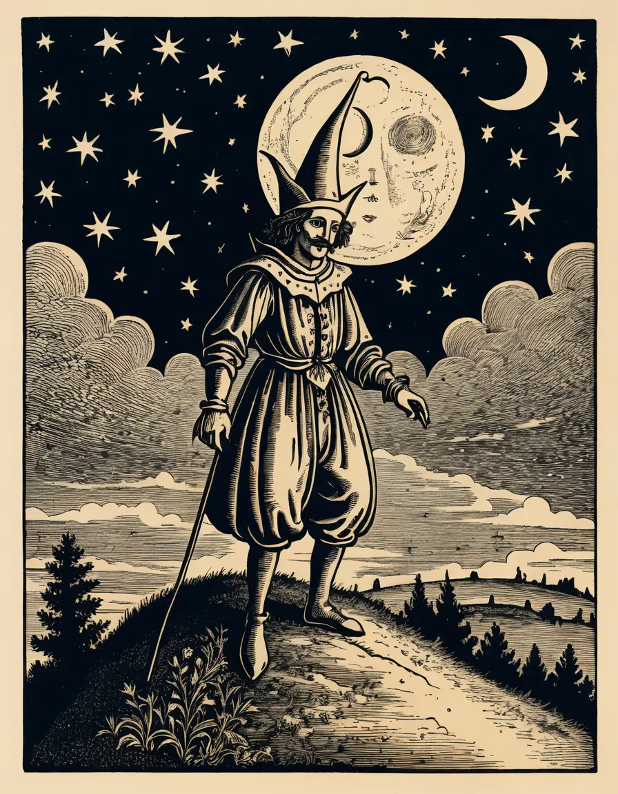 Gaukler auf einem Hügel unter einem mystischen Mond
