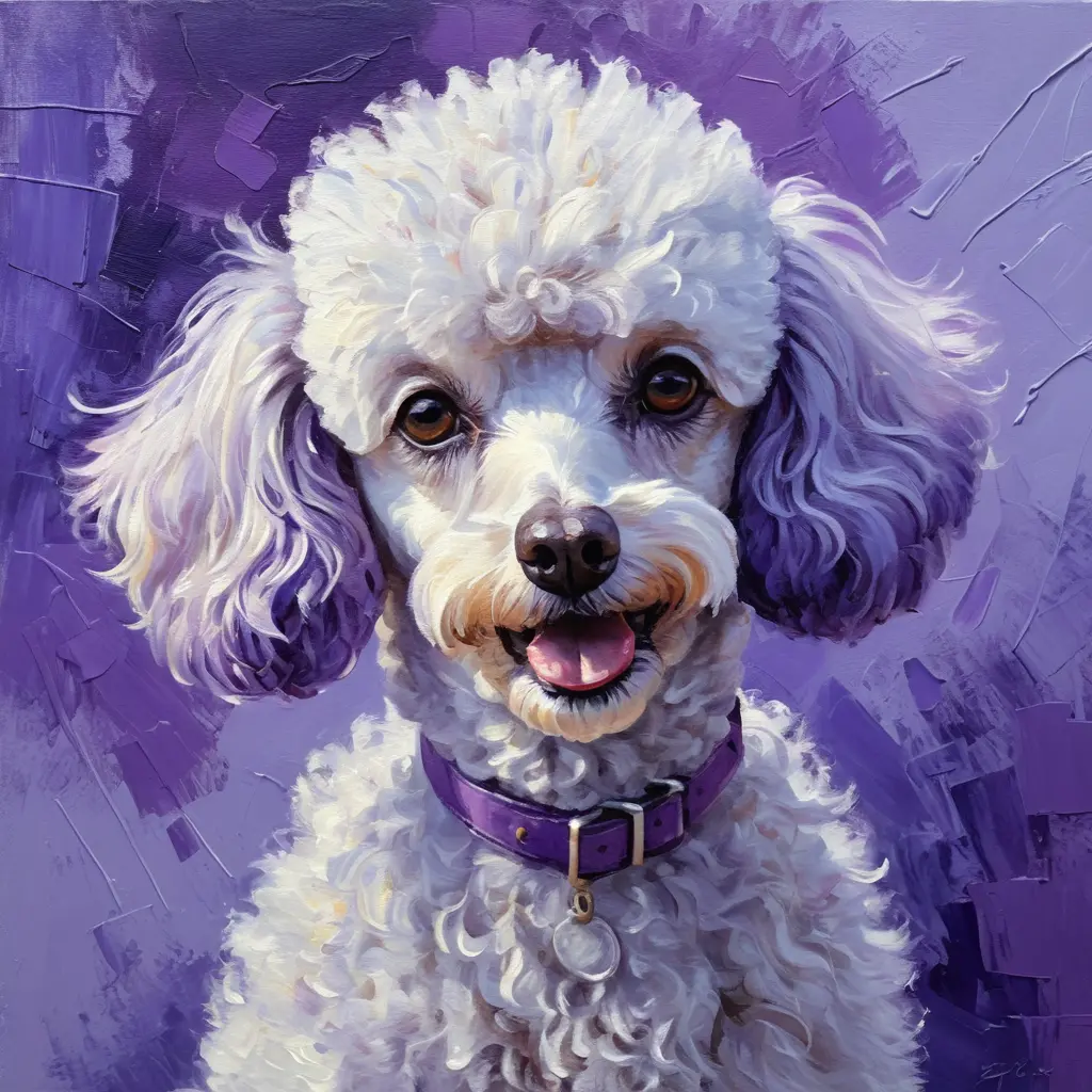紫色抽象背景上的白色貴賓犬壓克力畫作