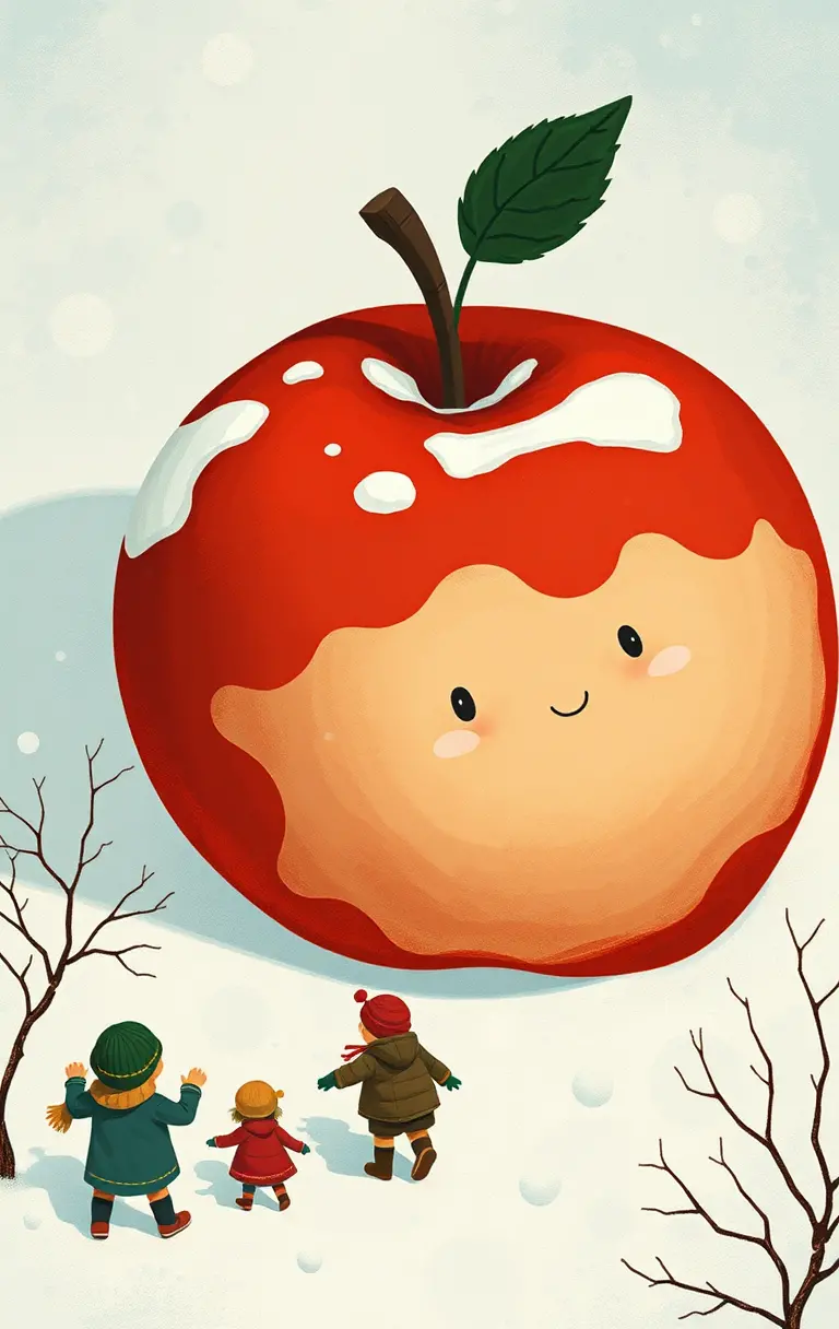 Enfants jouant sous une pomme rouge couverte de neige