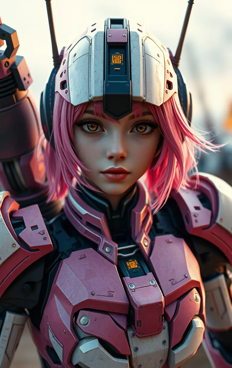 Fille mecha aux cheveux roses debout sur un champ de bataille