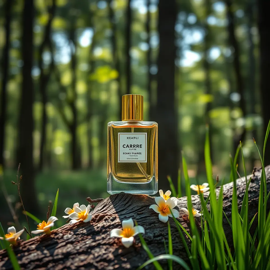 Parfümflakon auf Walzwei mit Blumen und Gras