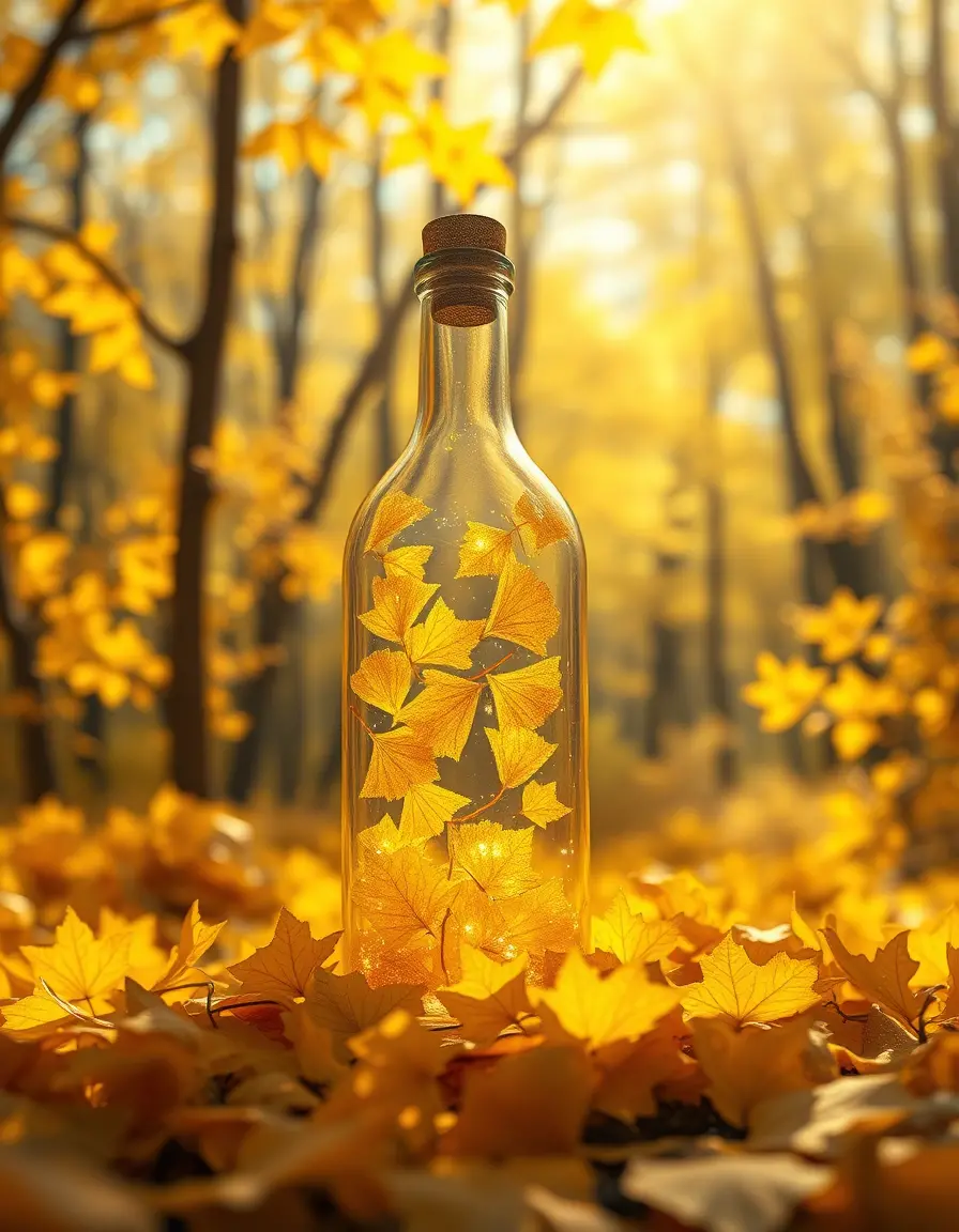 Bottiglia di vetro con foglie dorate di ginkgo nella foresta autunnale