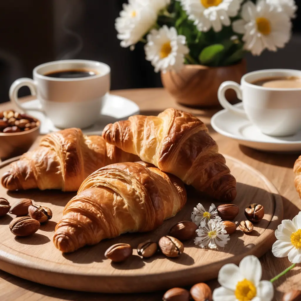 Nahaufnahme eines Frühstücks mit Croissant, Kaffee und Holzplatte