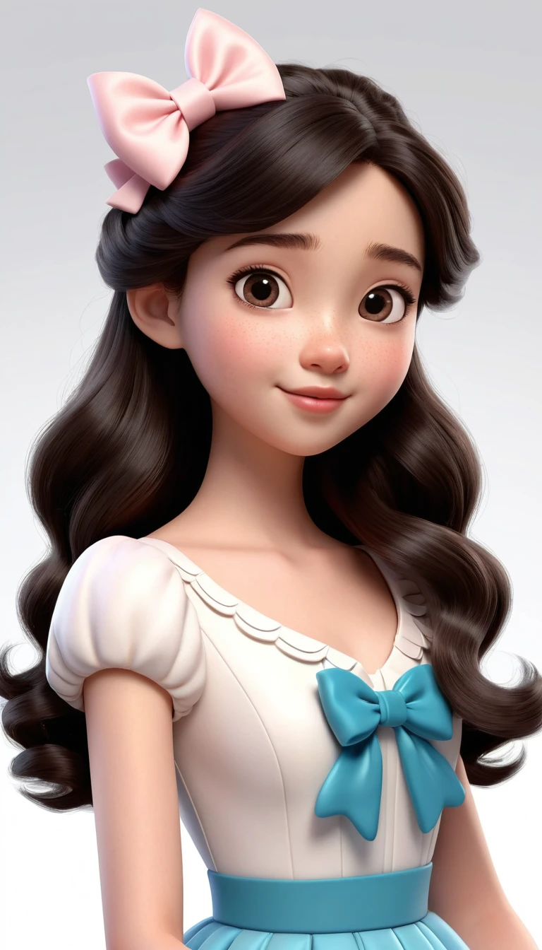 Cute 3D cartoon girl with wavy hair and big bow