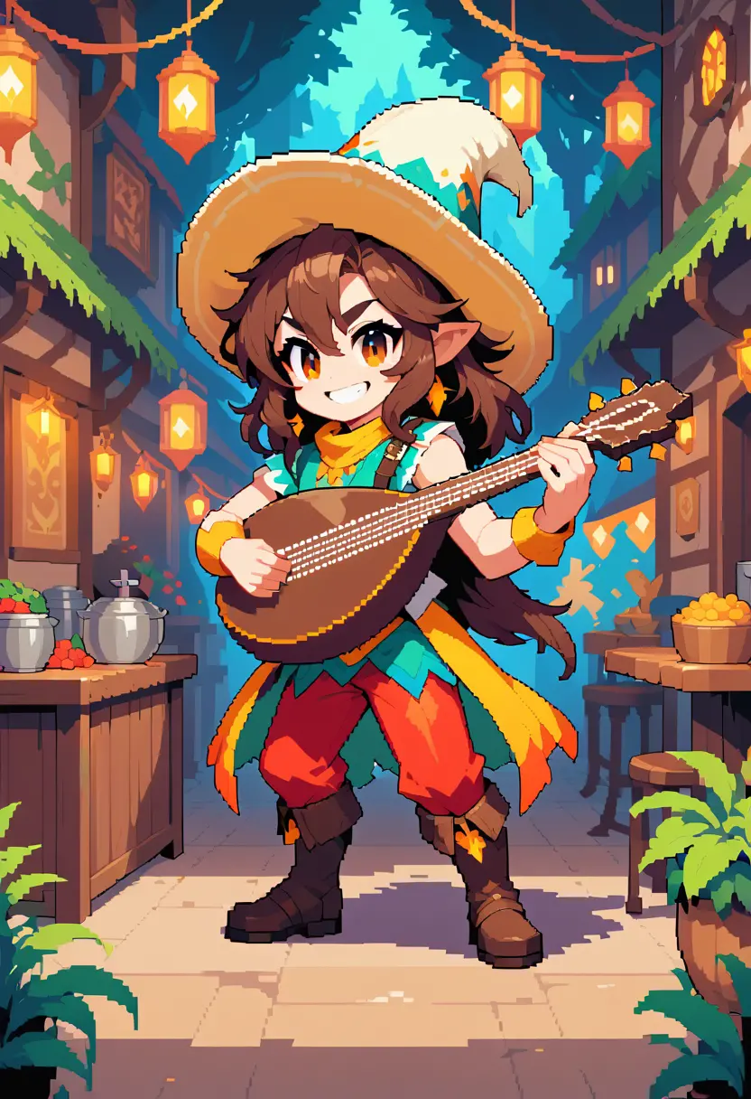 Verspielter Halbling-Barde spielt Laute in lebhafter Taverne