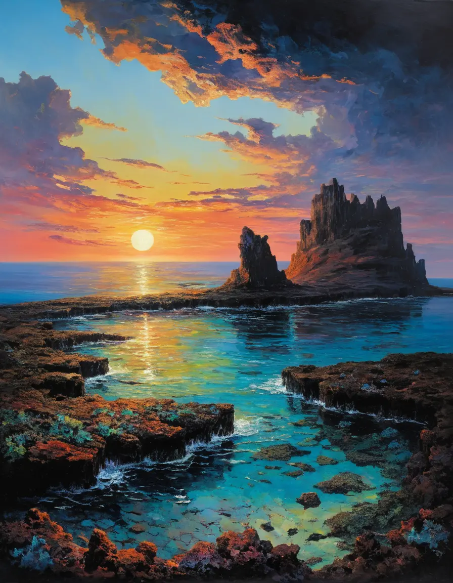 Nascer do sol sobre um recife em uma pintura romântica de paisagem marinha