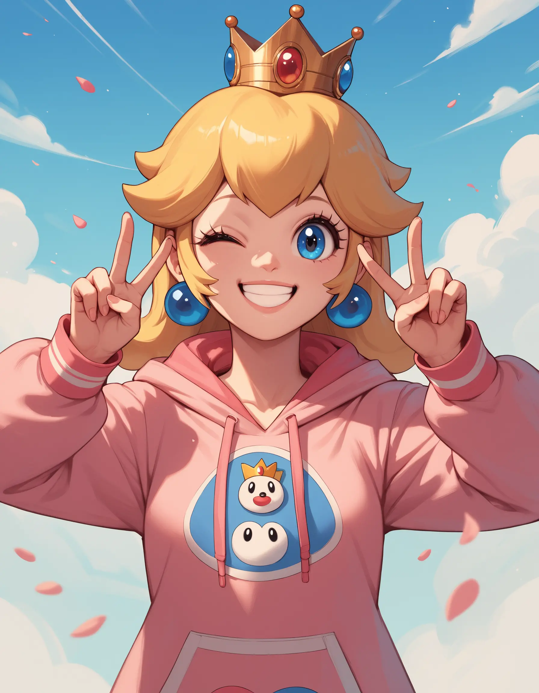 Anime girl in hoodie at bright amusement park