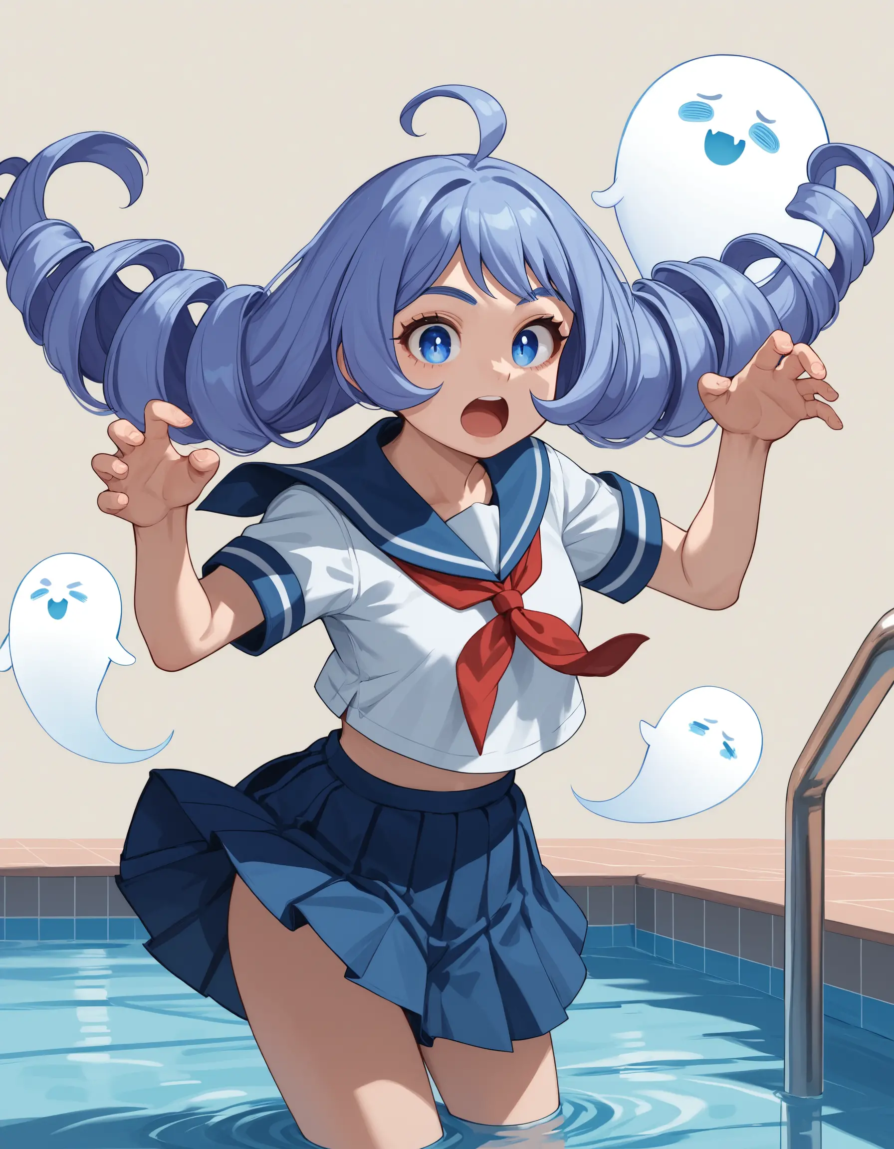 Écolière d’anime posant de façon enjouée au bord d’une piscine