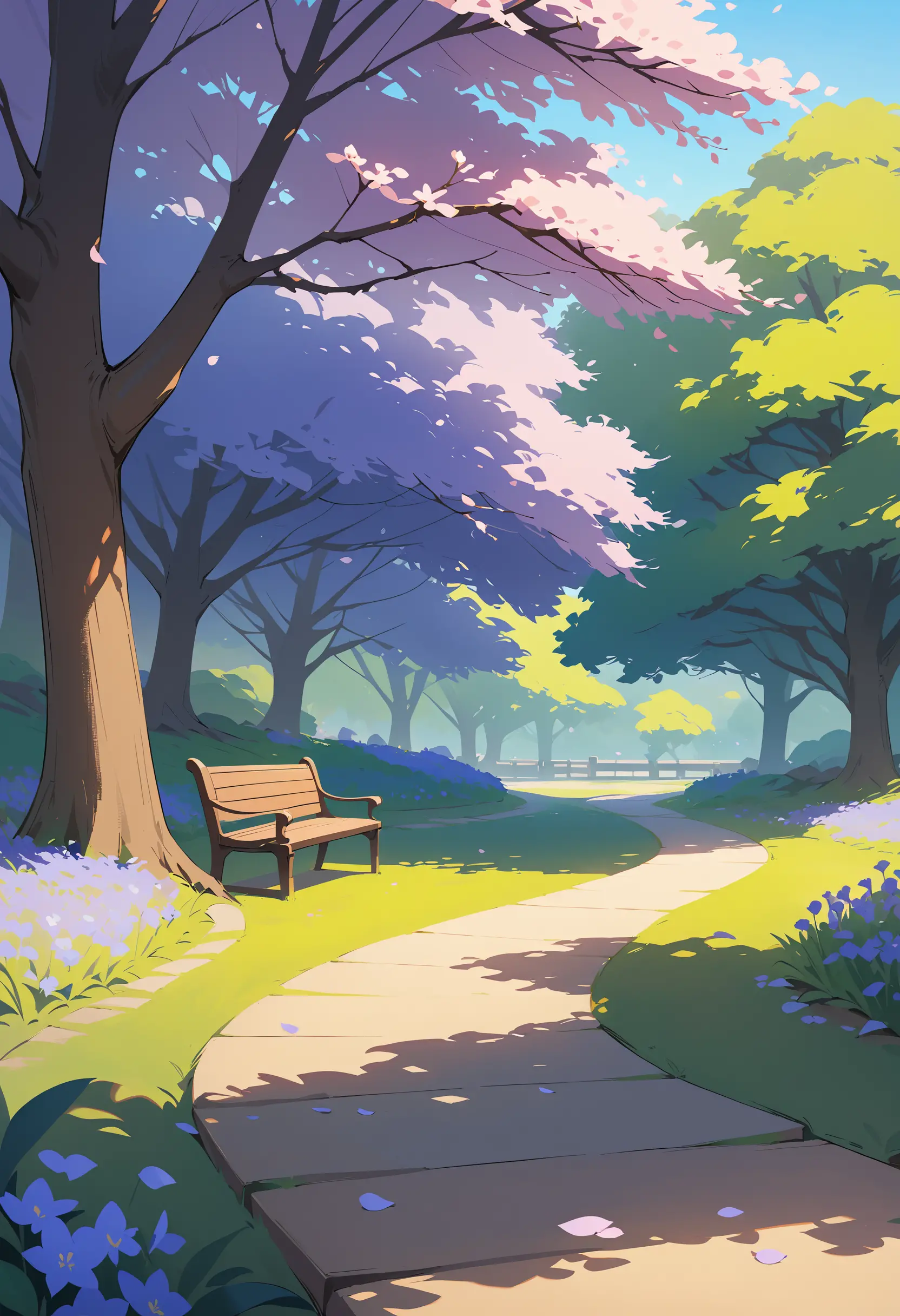 Panchina vuota nel parco sotto un albero di bluebell con petali che cadono