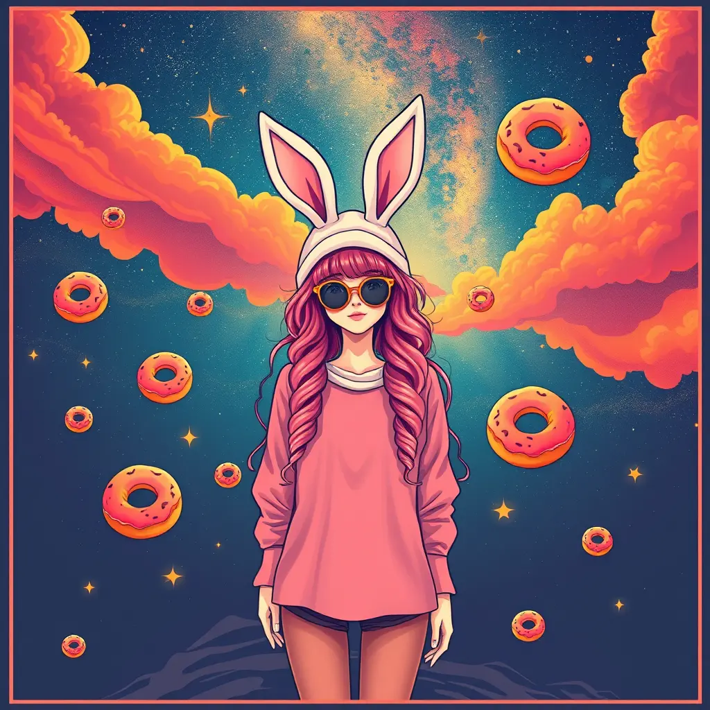 Hipster-Mädchen im Weltall mit Donuts und kosmischem Himmel