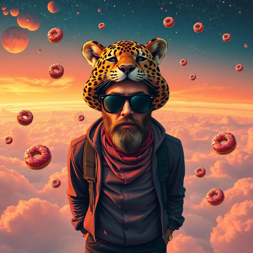 Hipster im Weltraum mit Donuts und kosmischem Himmel