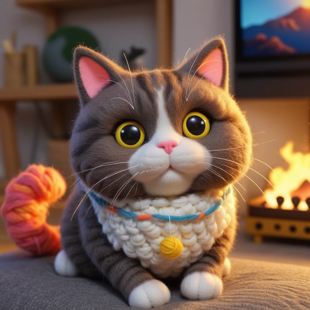 Adorável gato de feltro 3D sentado em um sofá aconchegante na sala de estar