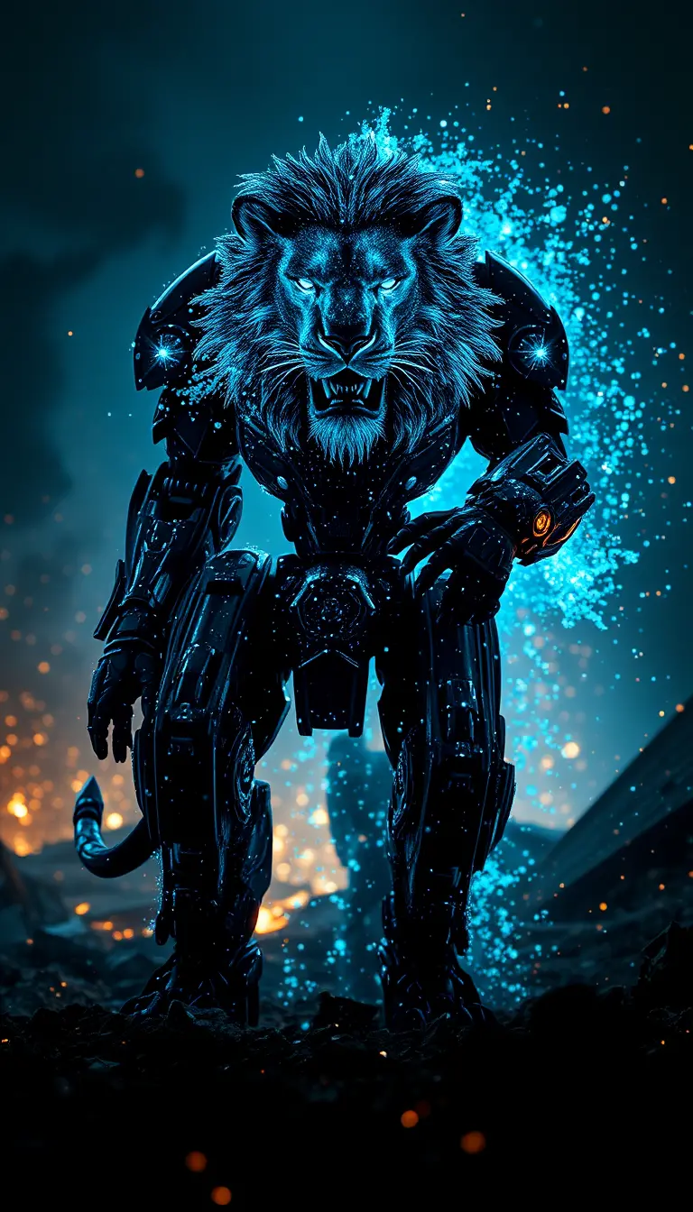 Futuristischer Löwen-Mech-Krieger, der sich in leuchtende Partikel auflöst