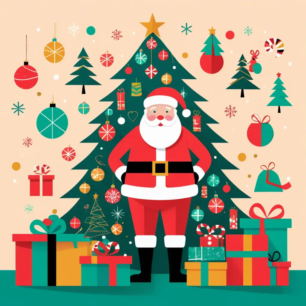 Illustration plate de Père Noël minimaliste et sapin de Noël géométrique