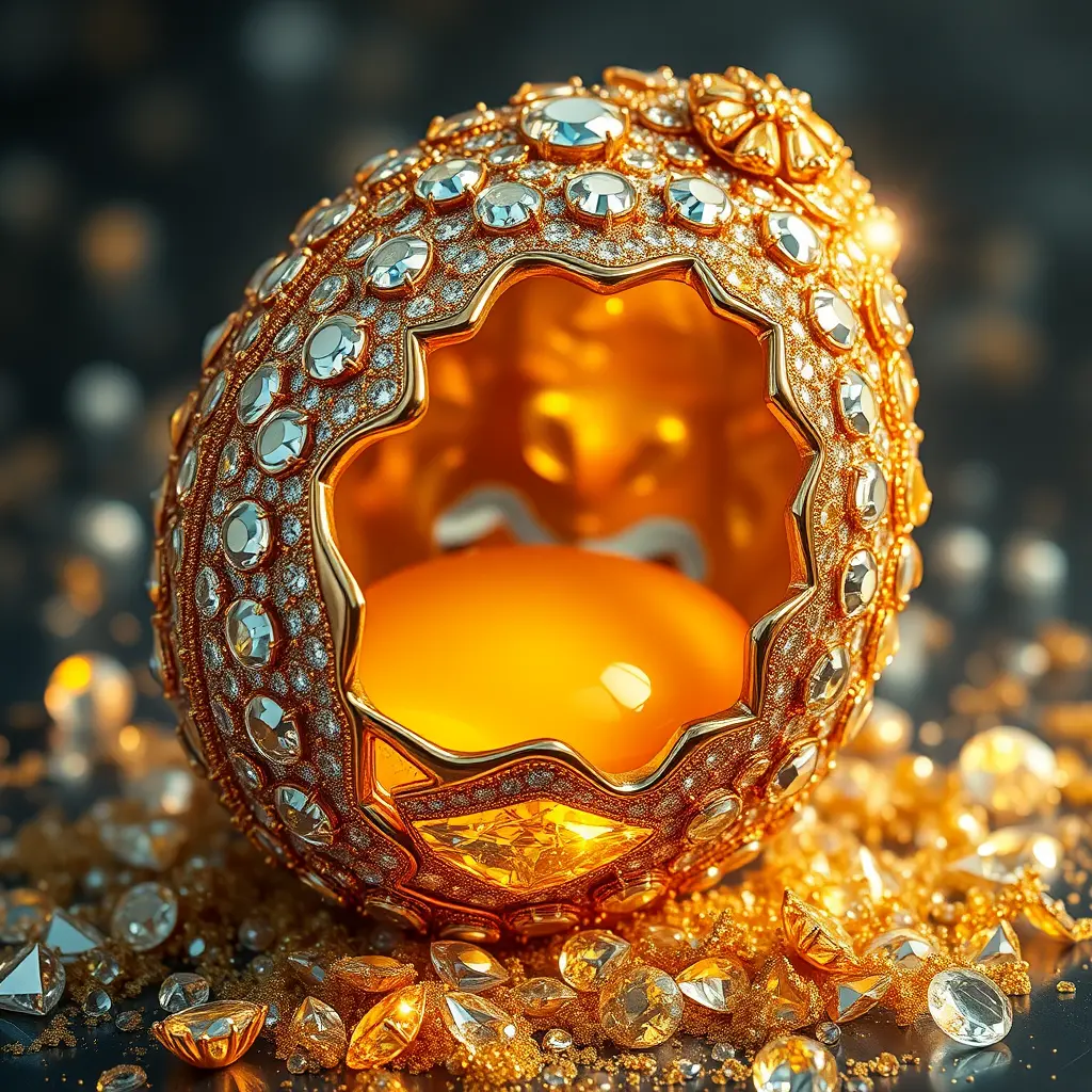 Œuf précieux lumineux avec diamants et gemmes dorées