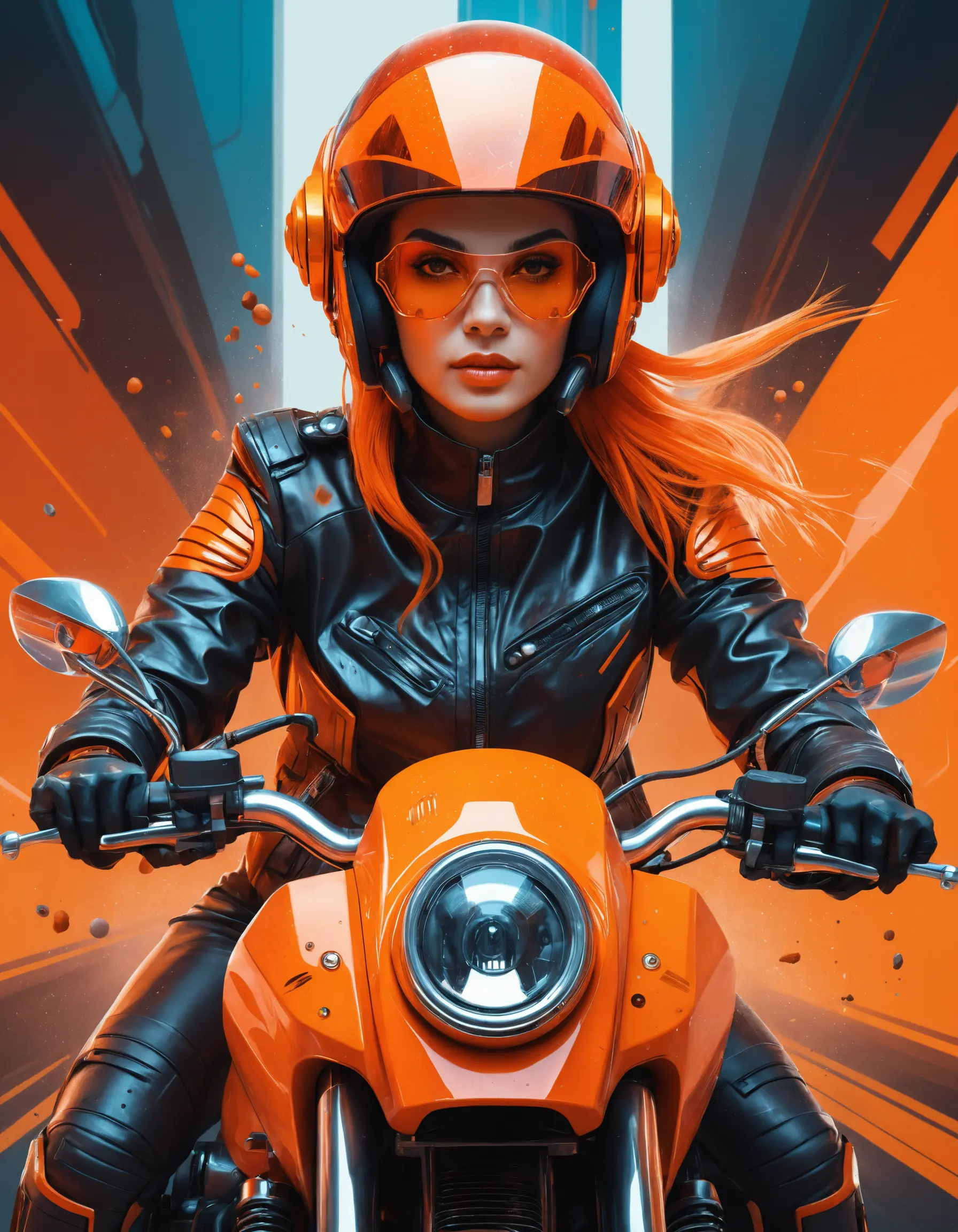 Cyberpunk-Frau auf orangefarbenem futuristischem Motorrad aus Frontansicht