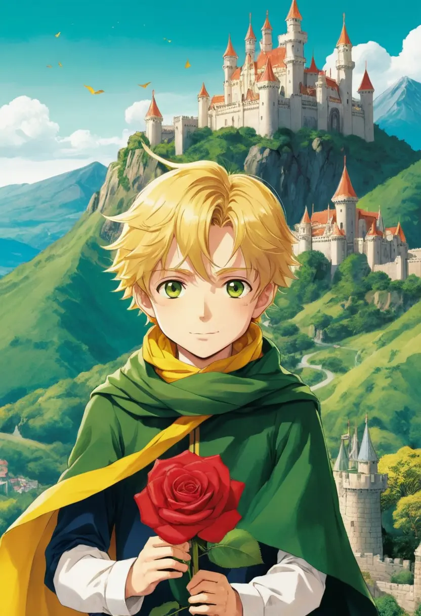 Anime-Junge, der sich vor einer Bergburg um eine rote Rose kümmert